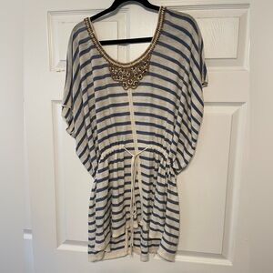 Striped Blue and White Tunic with Bead Accents